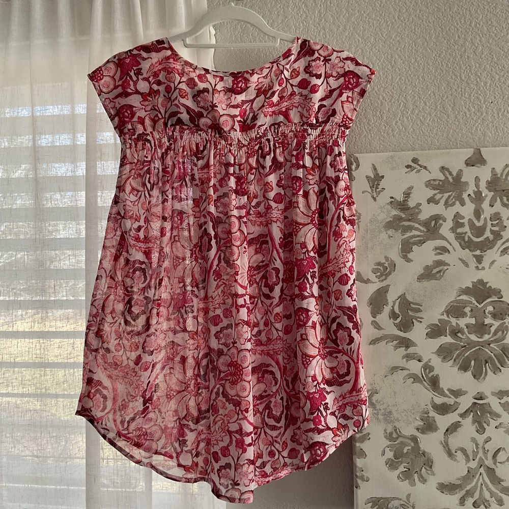 Lucky Brand Red-Pink Floral Cap Sleeve Blouse - Picture 3 of 7